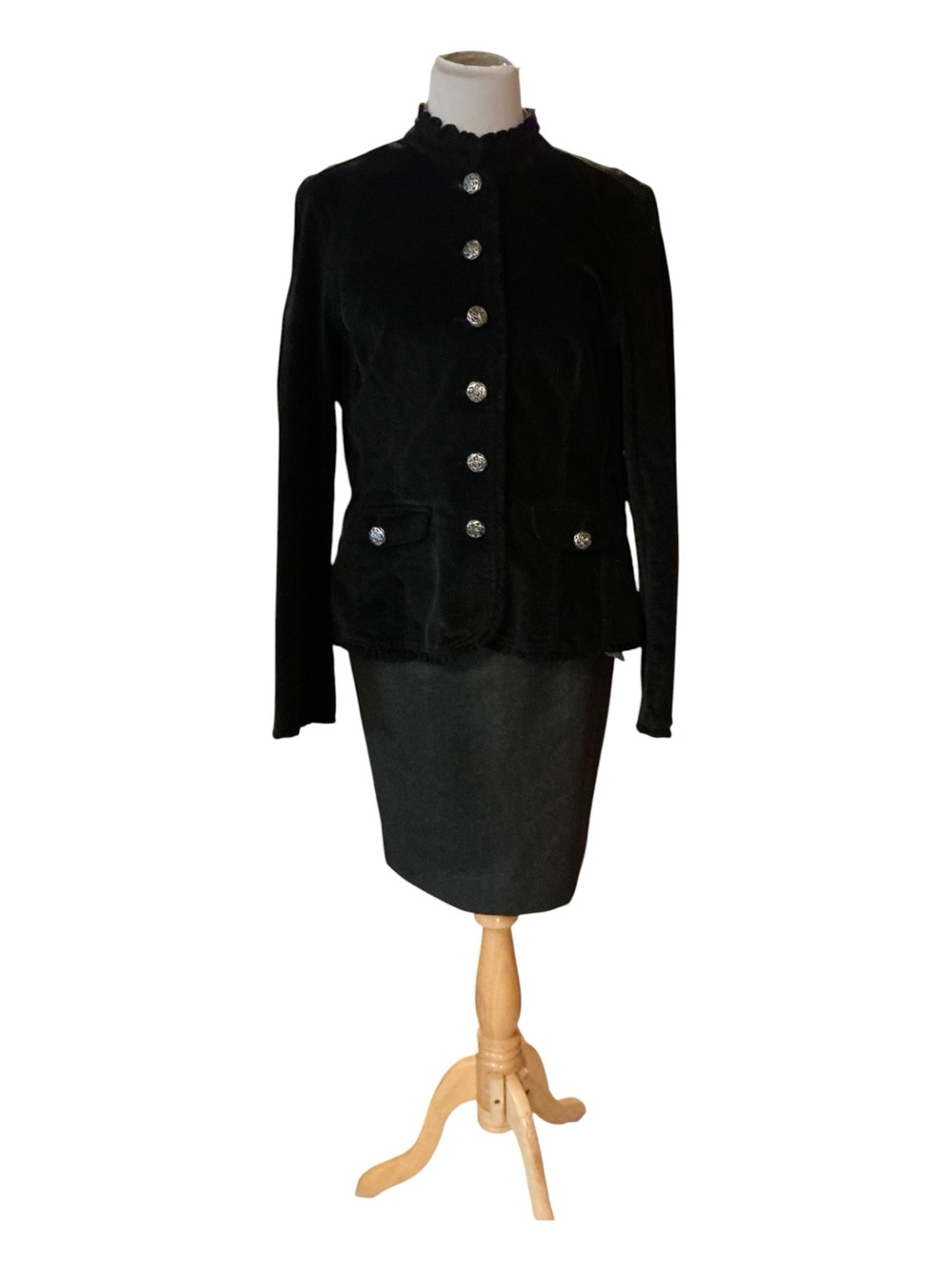 Baccini Black Velvet Ruffled Collar Button Jacket